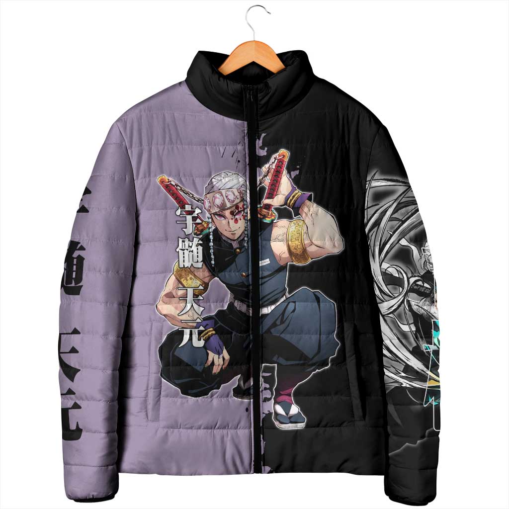 Tengen Uzui from Demon Slayer Padded Jacket with Purple and Black Split Design and Dual Sword Manga Panel Layout - The Mazicc