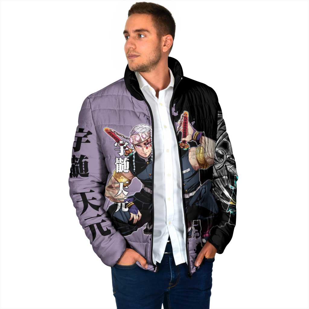 Tengen Uzui from Demon Slayer Padded Jacket with Purple and Black Split Design and Dual Sword Manga Panel Layout - The Mazicc
