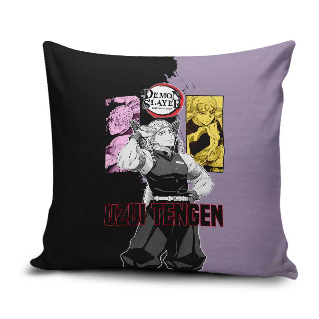 Tengen Uzui from Demon Slayer Pillow Cover with Purple and Black Split Design and Dual Sword Manga Panel Layout - The Mazicc