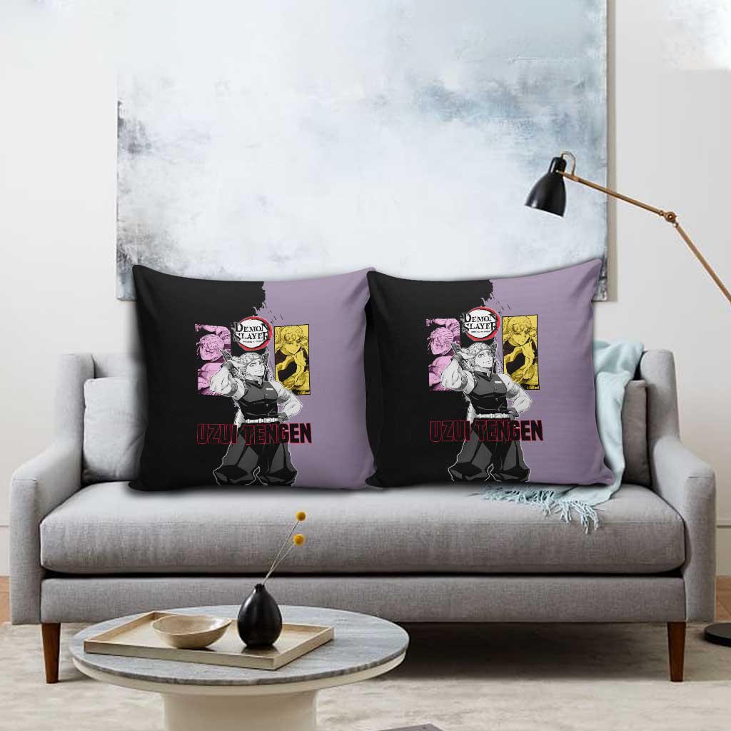 Tengen Uzui from Demon Slayer Pillow Cover with Purple and Black Split Design and Dual Sword Manga Panel Layout - The Mazicc