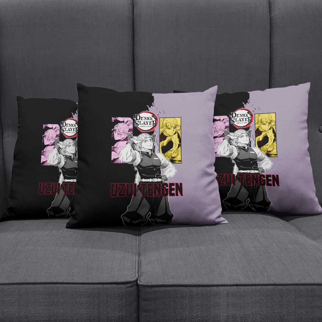 Tengen Uzui from Demon Slayer Pillow Cover with Purple and Black Split Design and Dual Sword Manga Panel Layout - The Mazicc