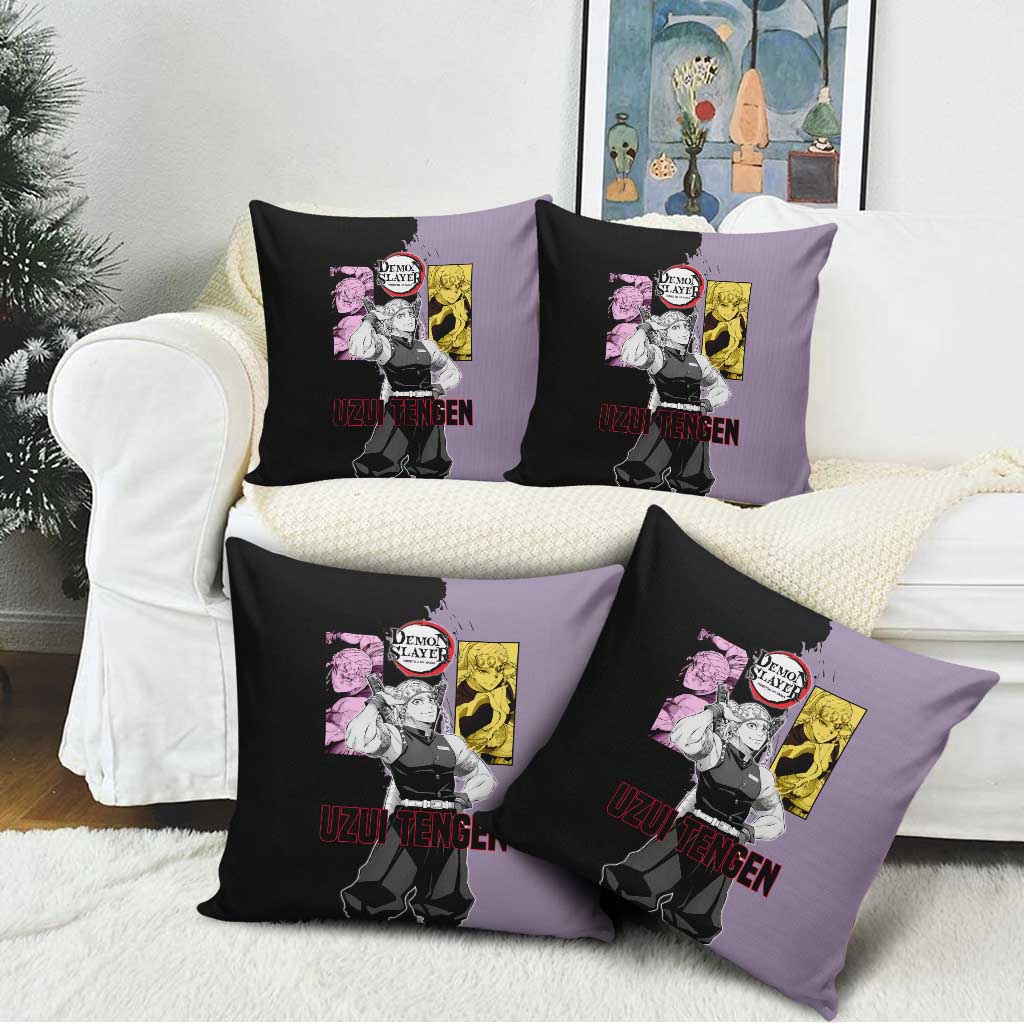 Tengen Uzui from Demon Slayer Pillow Cover with Purple and Black Split Design and Dual Sword Manga Panel Layout - The Mazicc
