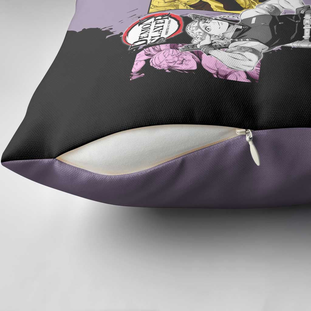 Tengen Uzui from Demon Slayer Pillow Cover with Purple and Black Split Design and Dual Sword Manga Panel Layout - The Mazicc