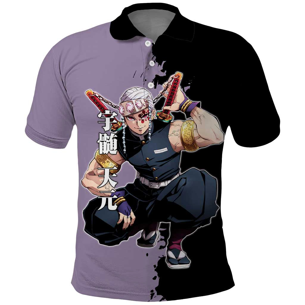 Tengen Uzui from Demon Slayer Polo Shirt with Purple and Black Split Design and Dual Sword Manga Panel Layout - The Mazicc