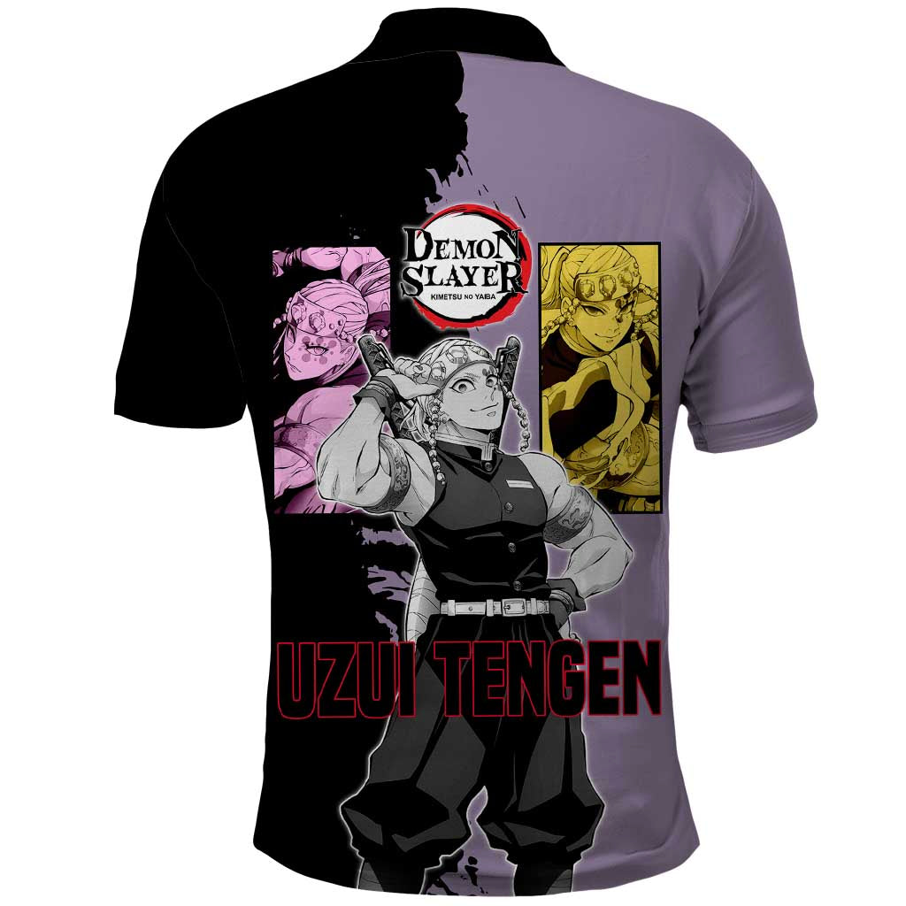 Tengen Uzui from Demon Slayer Polo Shirt with Purple and Black Split Design and Dual Sword Manga Panel Layout - The Mazicc