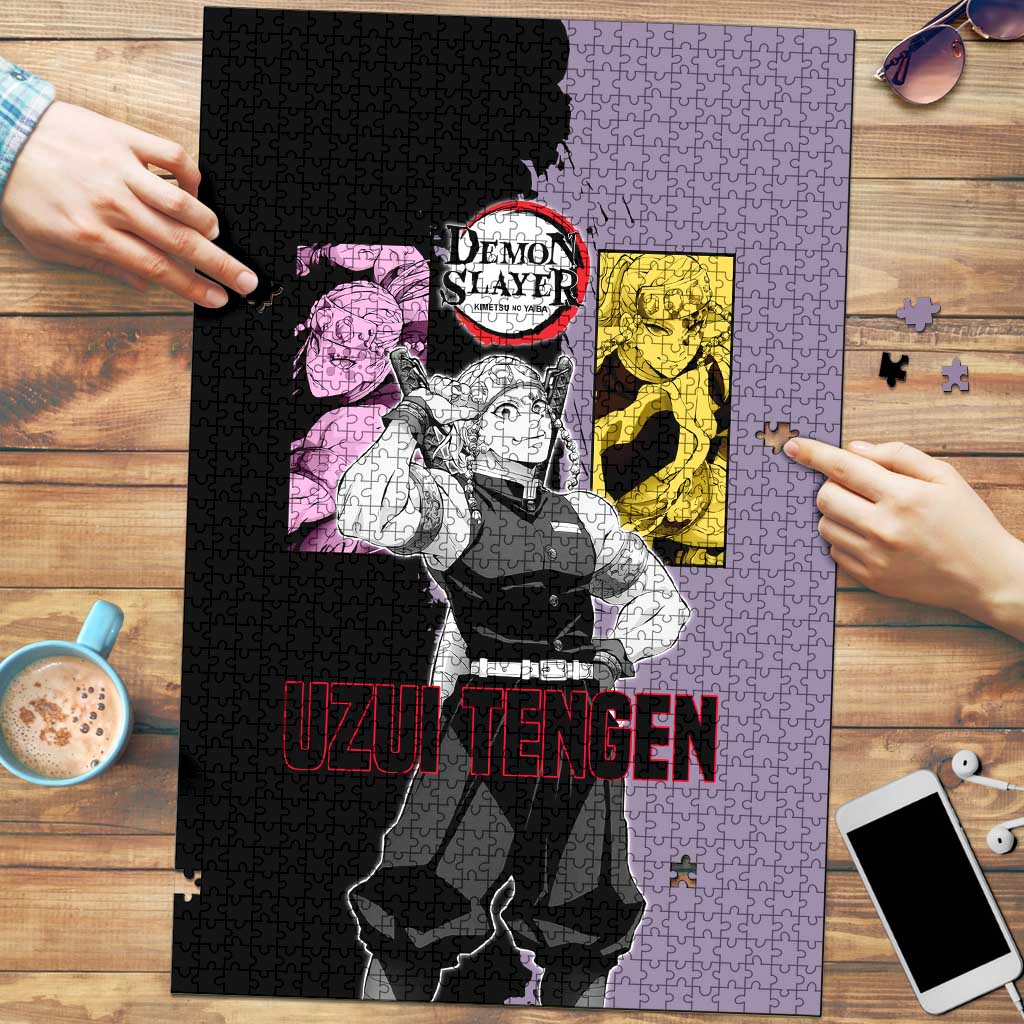 Tengen Uzui from Demon Slayer Puzzle with Purple and Black Split Design and Dual Sword Manga Panel Layout - The Mazicc