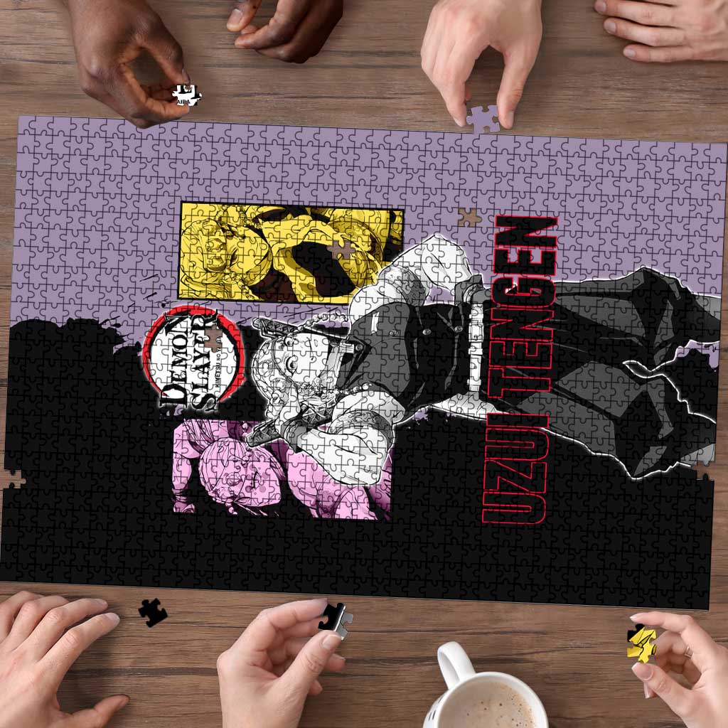 Tengen Uzui from Demon Slayer Puzzle with Purple and Black Split Design and Dual Sword Manga Panel Layout - The Mazicc