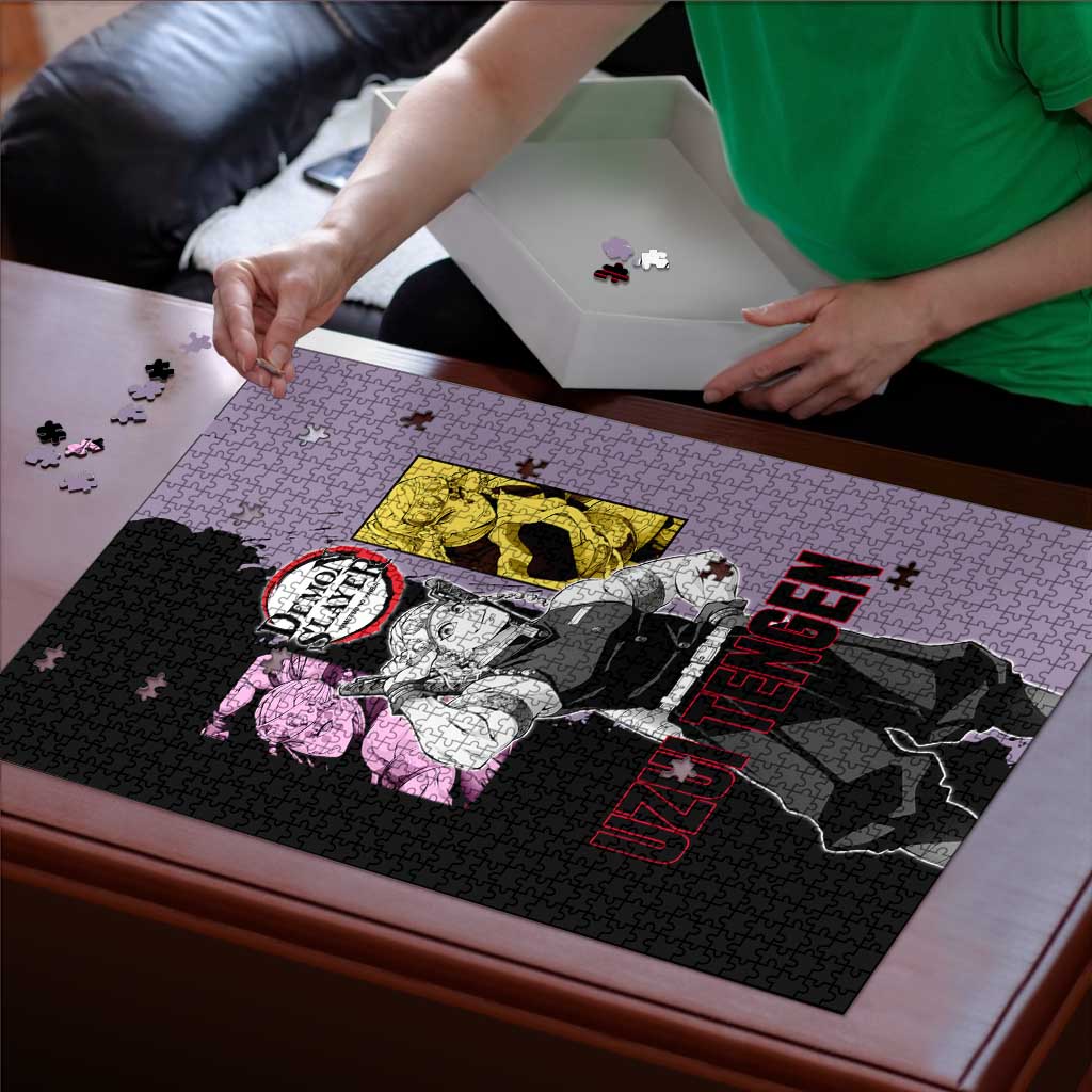 Tengen Uzui from Demon Slayer Puzzle with Purple and Black Split Design and Dual Sword Manga Panel Layout - The Mazicc