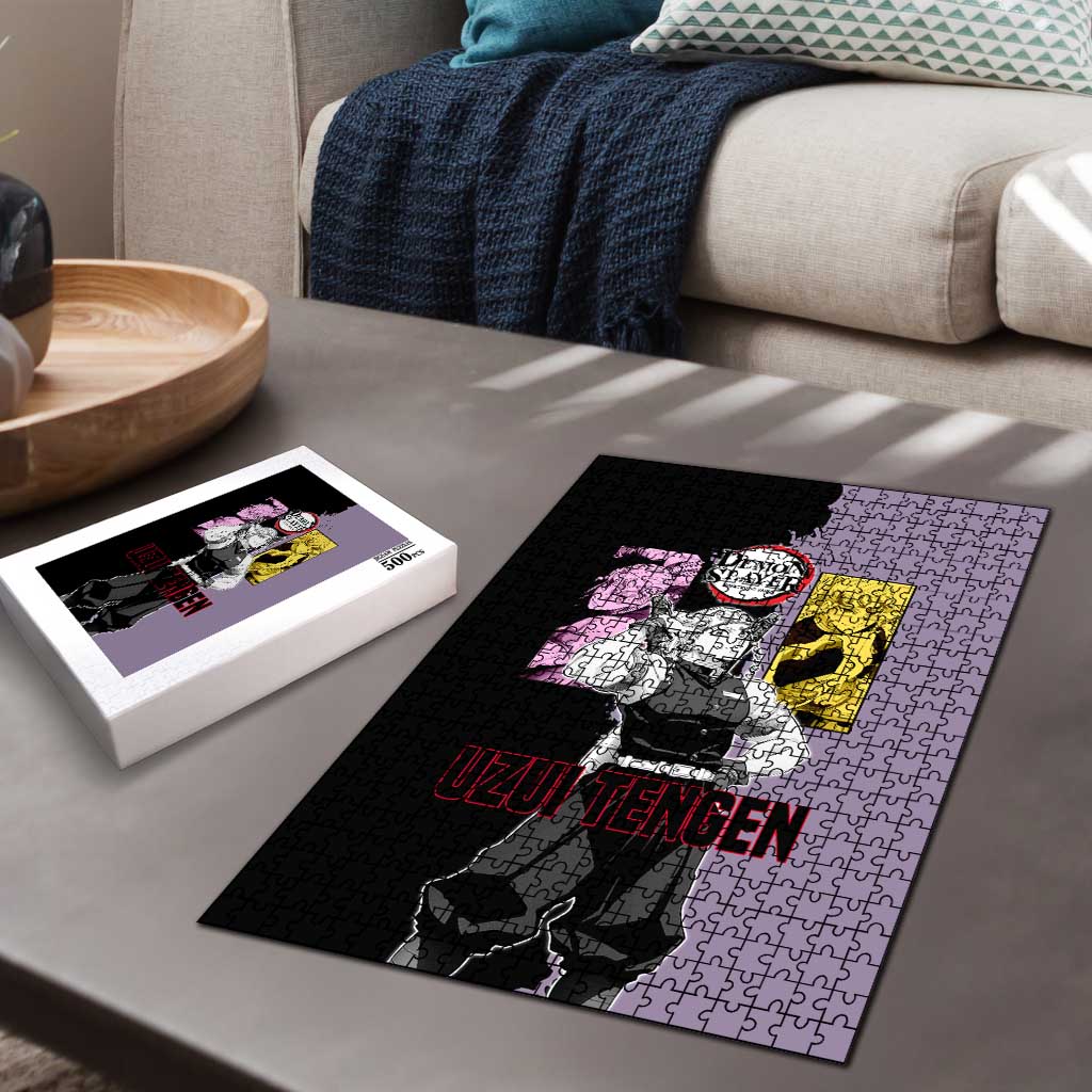 Tengen Uzui from Demon Slayer Puzzle with Purple and Black Split Design and Dual Sword Manga Panel Layout - The Mazicc
