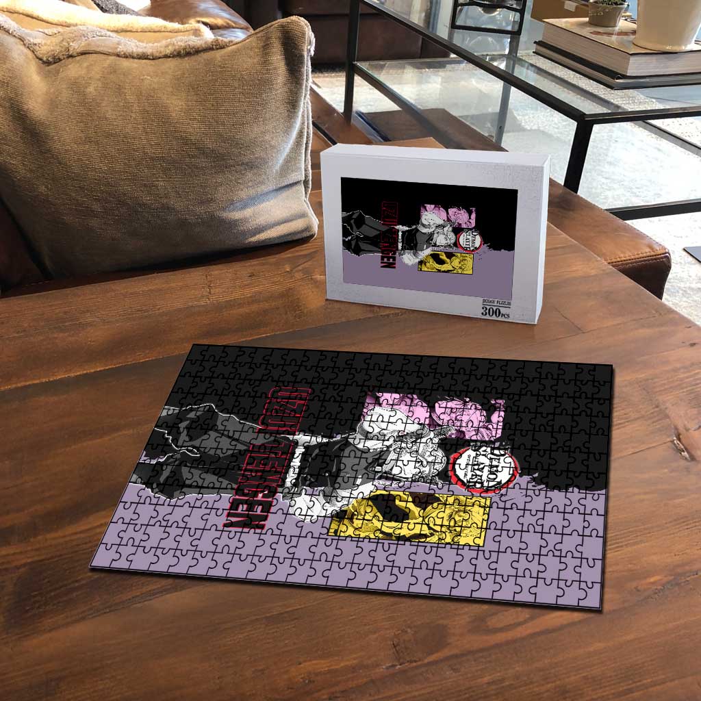 Tengen Uzui from Demon Slayer Puzzle with Purple and Black Split Design and Dual Sword Manga Panel Layout - The Mazicc