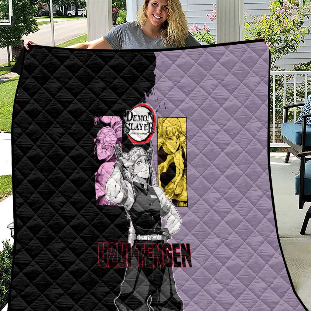 Tengen Uzui from Demon Slayer Quilt with Purple and Black Split Design and Dual Sword Manga Panel Layout - The Mazicc