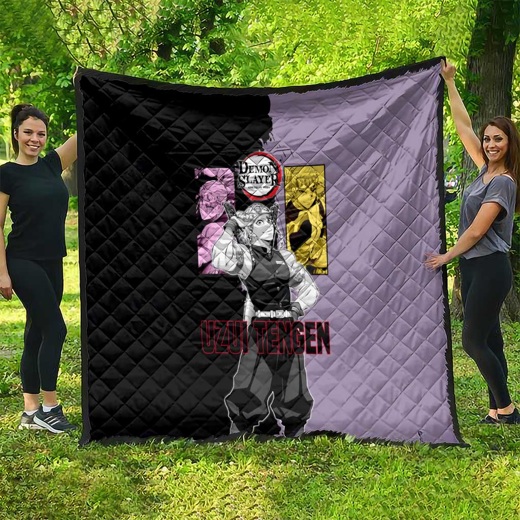 Tengen Uzui from Demon Slayer Quilt with Purple and Black Split Design and Dual Sword Manga Panel Layout - The Mazicc