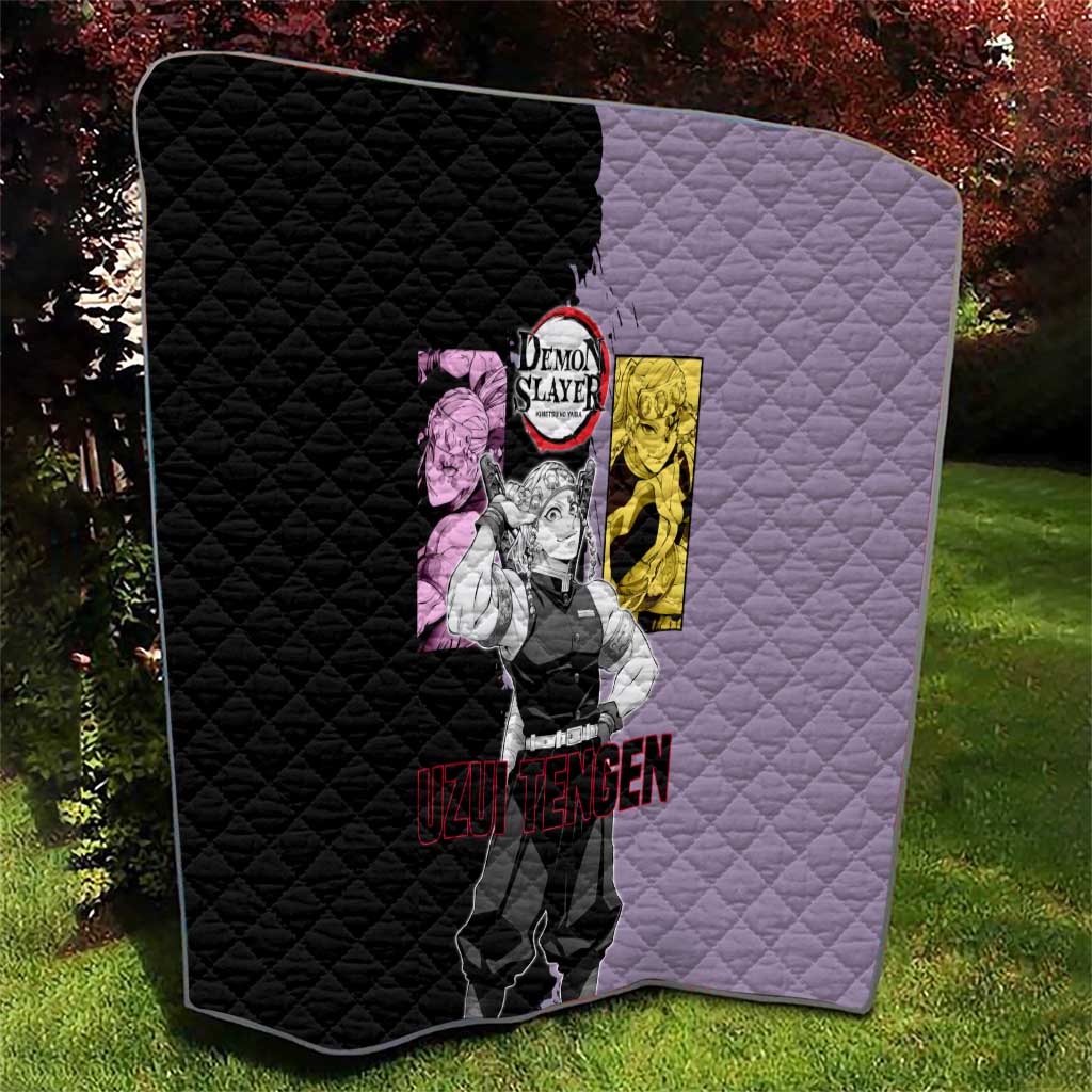 Tengen Uzui from Demon Slayer Quilt with Purple and Black Split Design and Dual Sword Manga Panel Layout - The Mazicc