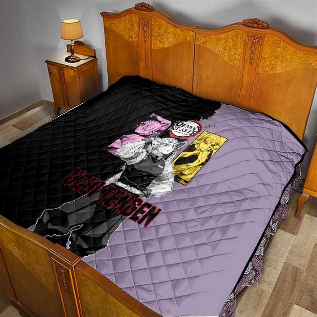 Tengen Uzui from Demon Slayer Quilt with Purple and Black Split Design and Dual Sword Manga Panel Layout - The Mazicc