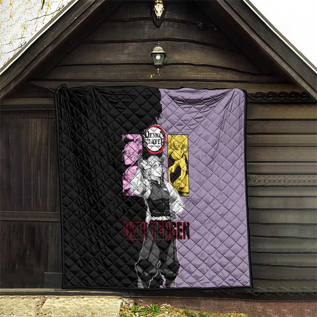 Tengen Uzui from Demon Slayer Quilt with Purple and Black Split Design and Dual Sword Manga Panel Layout - The Mazicc