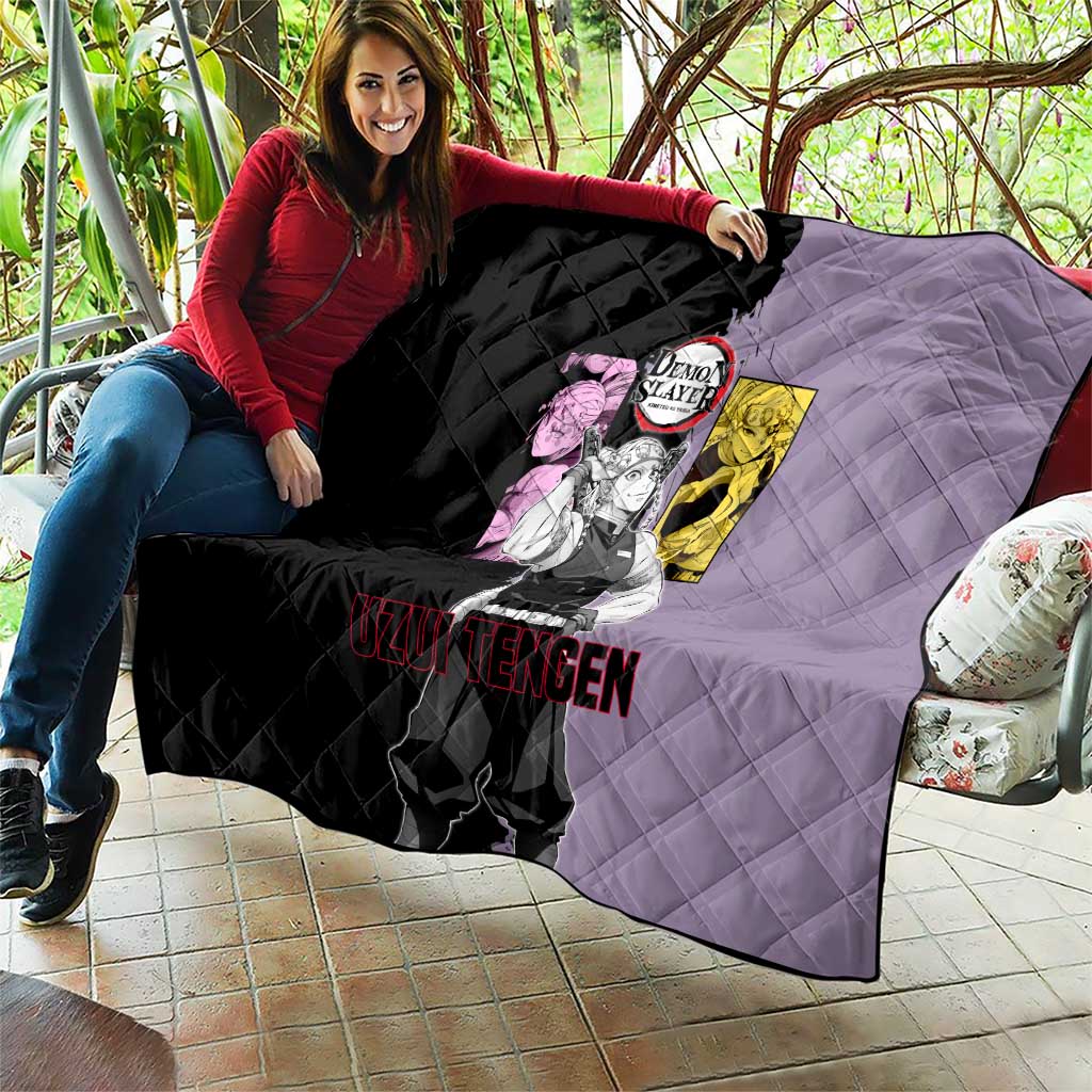 Tengen Uzui from Demon Slayer Quilt with Purple and Black Split Design and Dual Sword Manga Panel Layout - The Mazicc