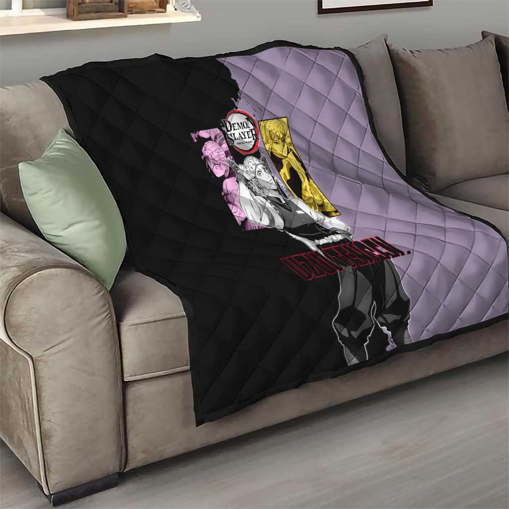 Tengen Uzui from Demon Slayer Quilt with Purple and Black Split Design and Dual Sword Manga Panel Layout - The Mazicc