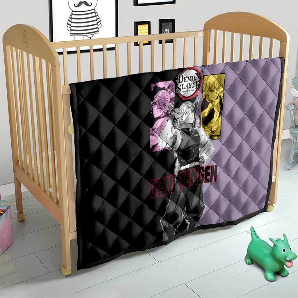 Tengen Uzui from Demon Slayer Quilt with Purple and Black Split Design and Dual Sword Manga Panel Layout - The Mazicc