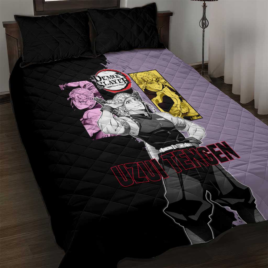 Tengen Uzui from Demon Slayer Quilt Bed Set with Purple and Black Split Design and Dual Sword Manga Panel Layout - The Mazicc