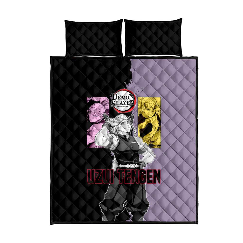 Tengen Uzui from Demon Slayer Quilt Bed Set with Purple and Black Split Design and Dual Sword Manga Panel Layout - The Mazicc