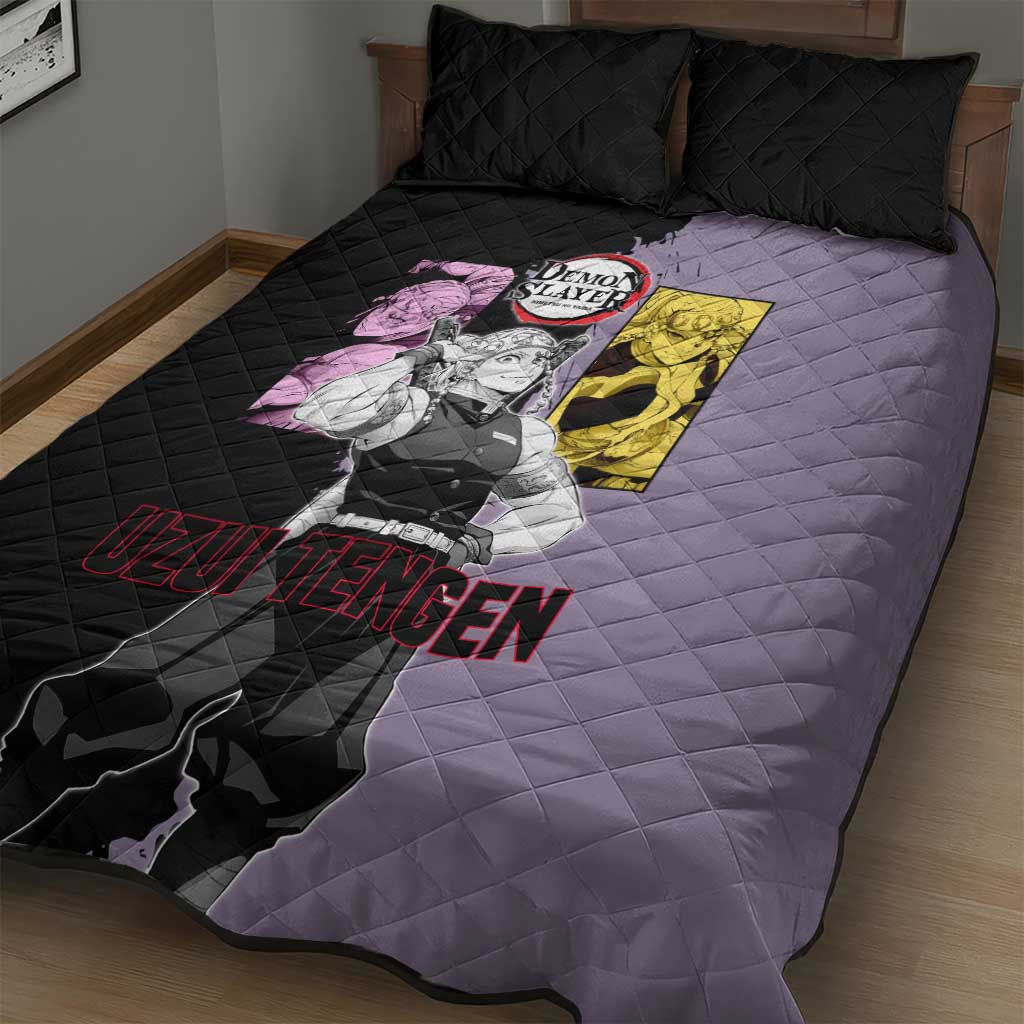 Tengen Uzui from Demon Slayer Quilt Bed Set with Purple and Black Split Design and Dual Sword Manga Panel Layout - The Mazicc