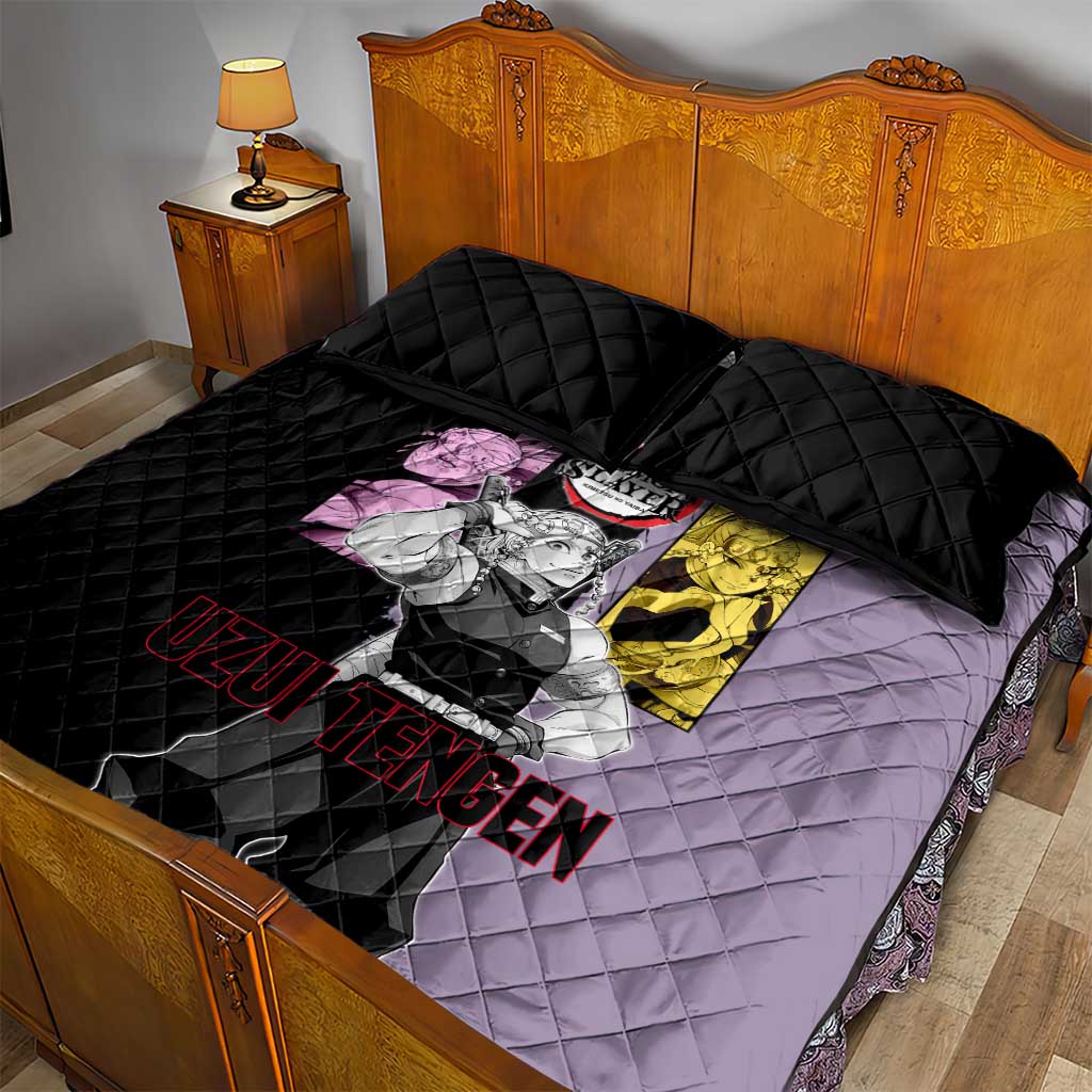 Tengen Uzui from Demon Slayer Quilt Bed Set with Purple and Black Split Design and Dual Sword Manga Panel Layout - The Mazicc