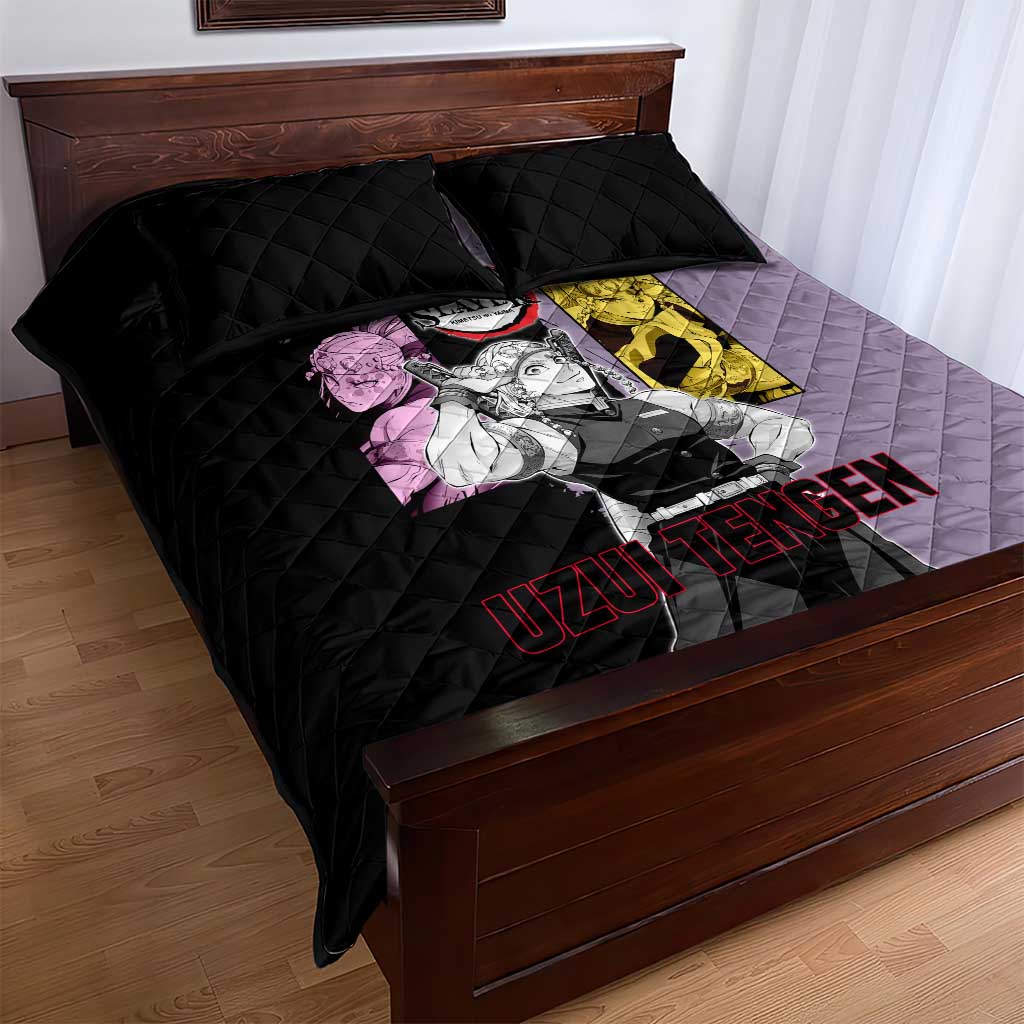 Tengen Uzui from Demon Slayer Quilt Bed Set with Purple and Black Split Design and Dual Sword Manga Panel Layout - The Mazicc