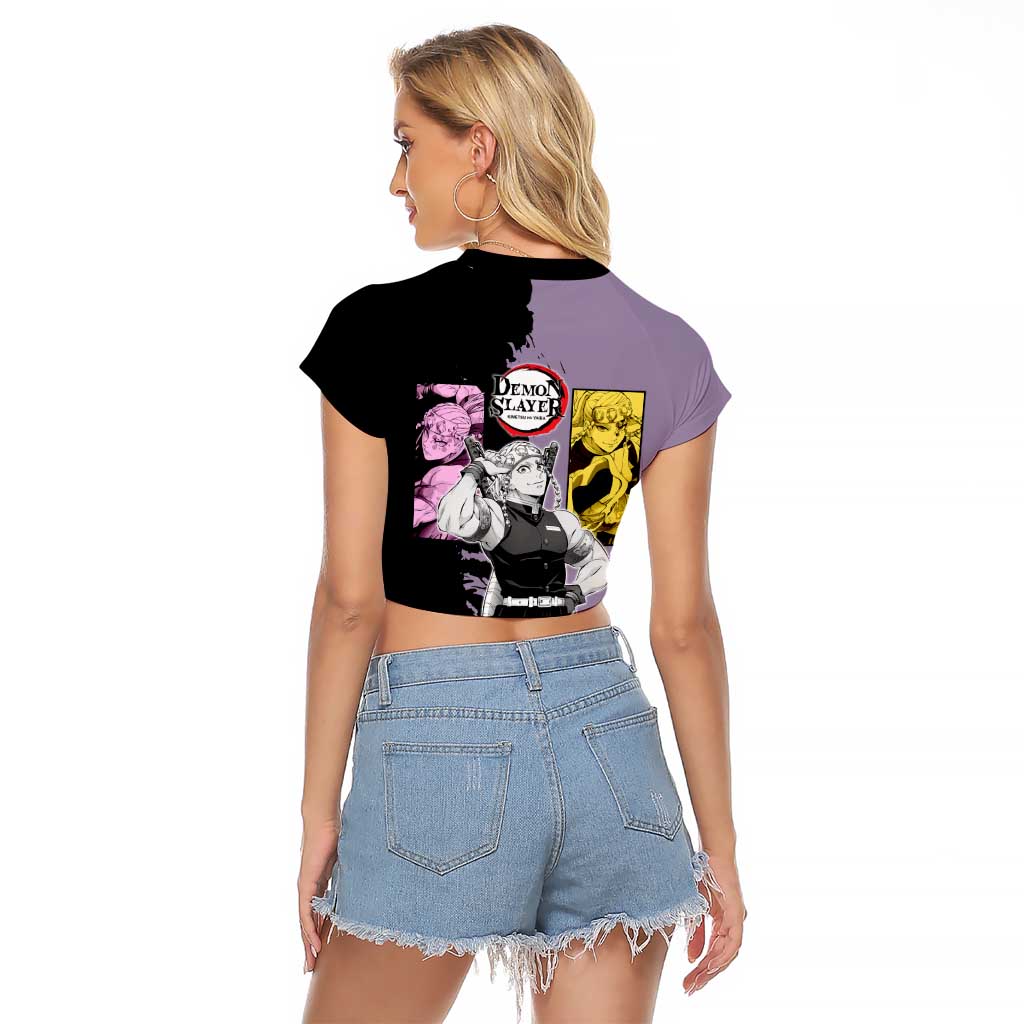 Tengen Uzui from Demon Slayer Raglan Cropped T Shirt with Purple and Black Split Design and Dual Sword Manga Panel Layout - The Mazicc