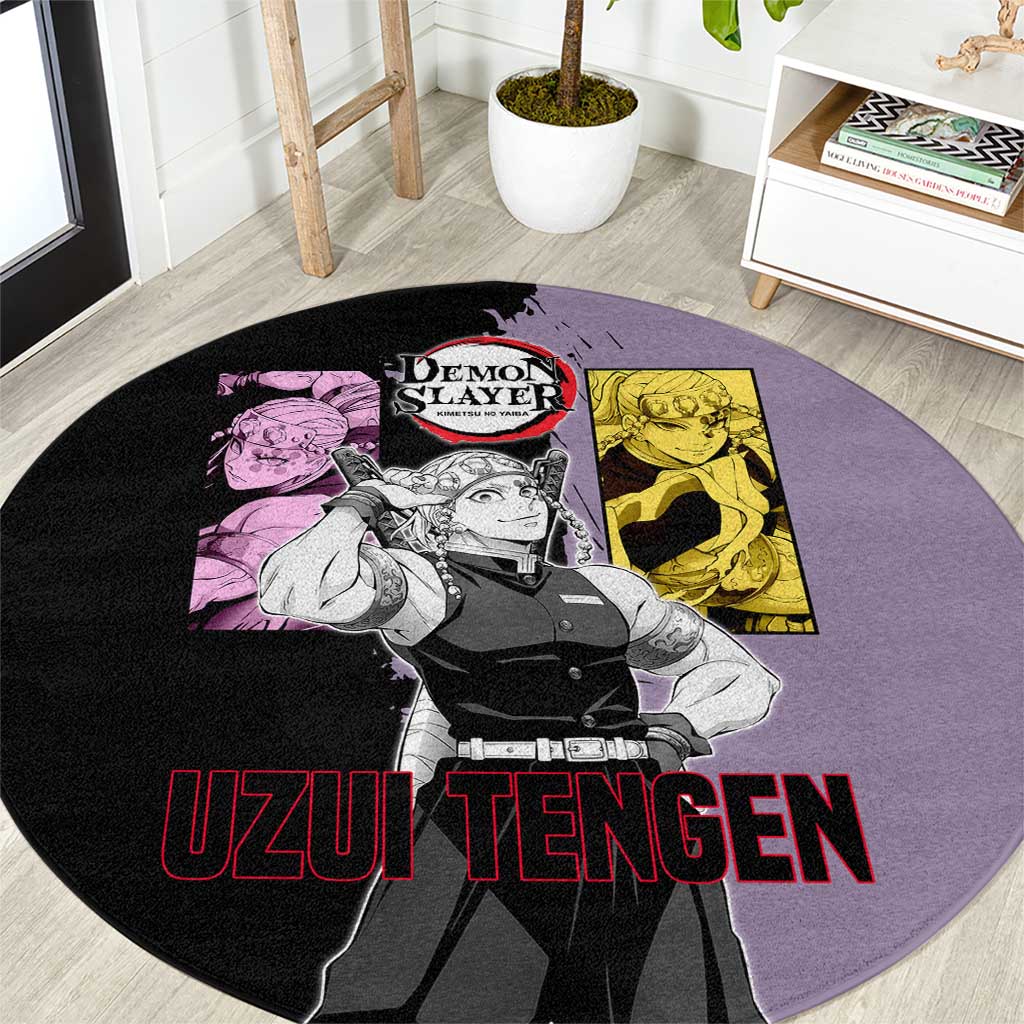 Tengen Uzui from Demon Slayer Round Carpet with Purple and Black Split Design and Dual Sword Manga Panel Layout - The Mazicc