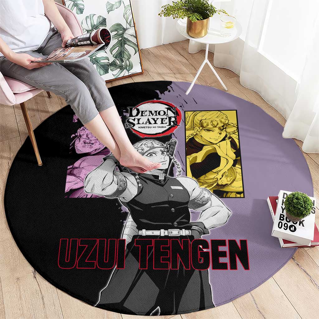 Tengen Uzui from Demon Slayer Round Carpet with Purple and Black Split Design and Dual Sword Manga Panel Layout - The Mazicc