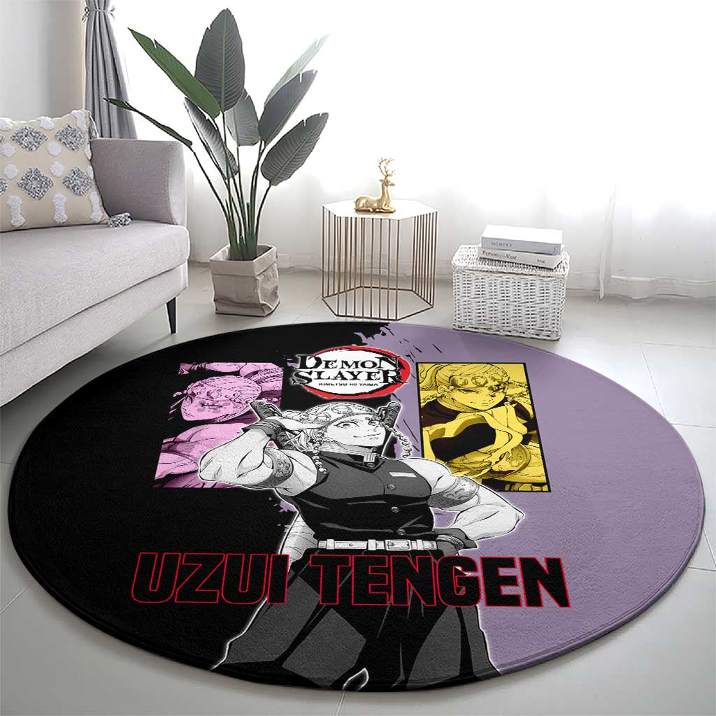 Tengen Uzui from Demon Slayer Round Carpet with Purple and Black Split Design and Dual Sword Manga Panel Layout - The Mazicc