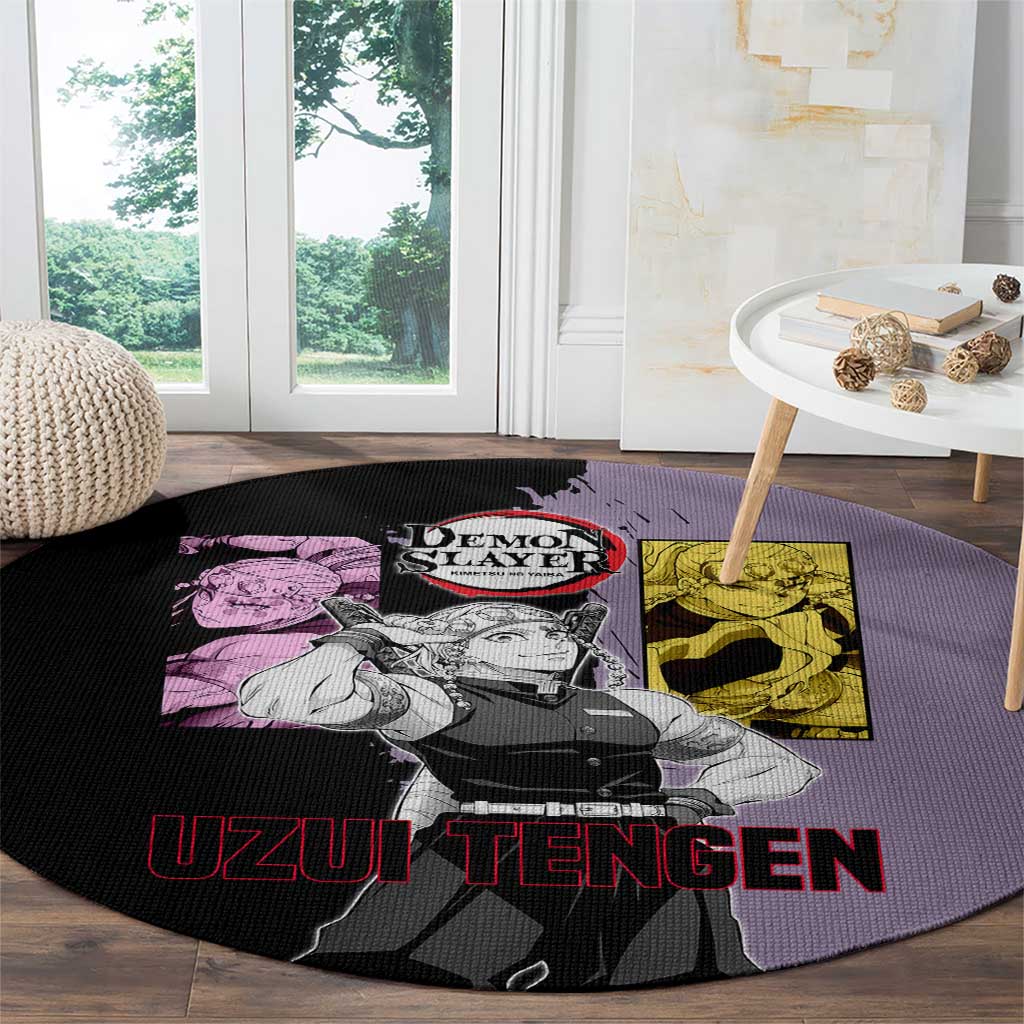 Tengen Uzui from Demon Slayer Round Carpet with Purple and Black Split Design and Dual Sword Manga Panel Layout - The Mazicc