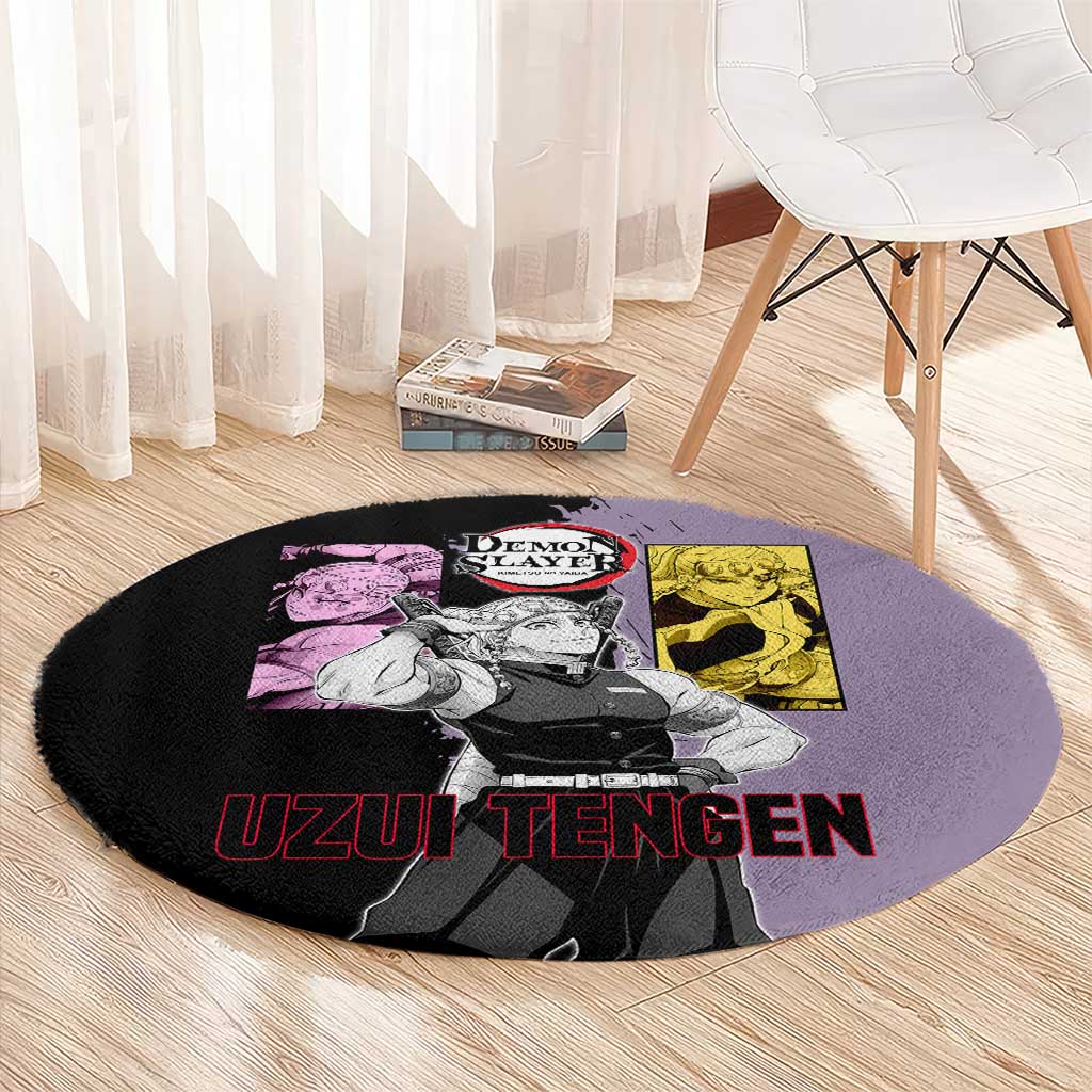 Tengen Uzui from Demon Slayer Round Carpet with Purple and Black Split Design and Dual Sword Manga Panel Layout - The Mazicc