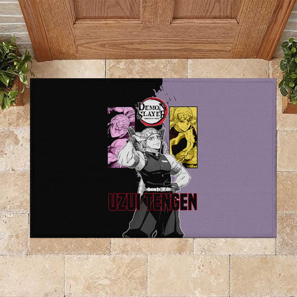 Tengen Uzui from Demon Slayer Rubber Doormat with Purple and Black Split Design and Dual Sword Manga Panel Layout - The Mazicc