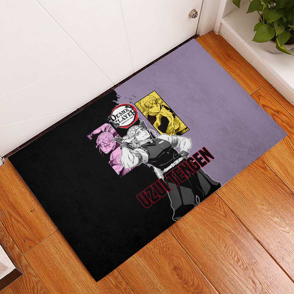 Tengen Uzui from Demon Slayer Rubber Doormat with Purple and Black Split Design and Dual Sword Manga Panel Layout - The Mazicc