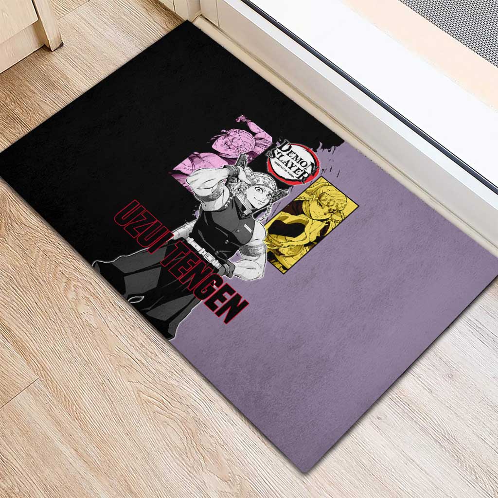Tengen Uzui from Demon Slayer Rubber Doormat with Purple and Black Split Design and Dual Sword Manga Panel Layout - The Mazicc