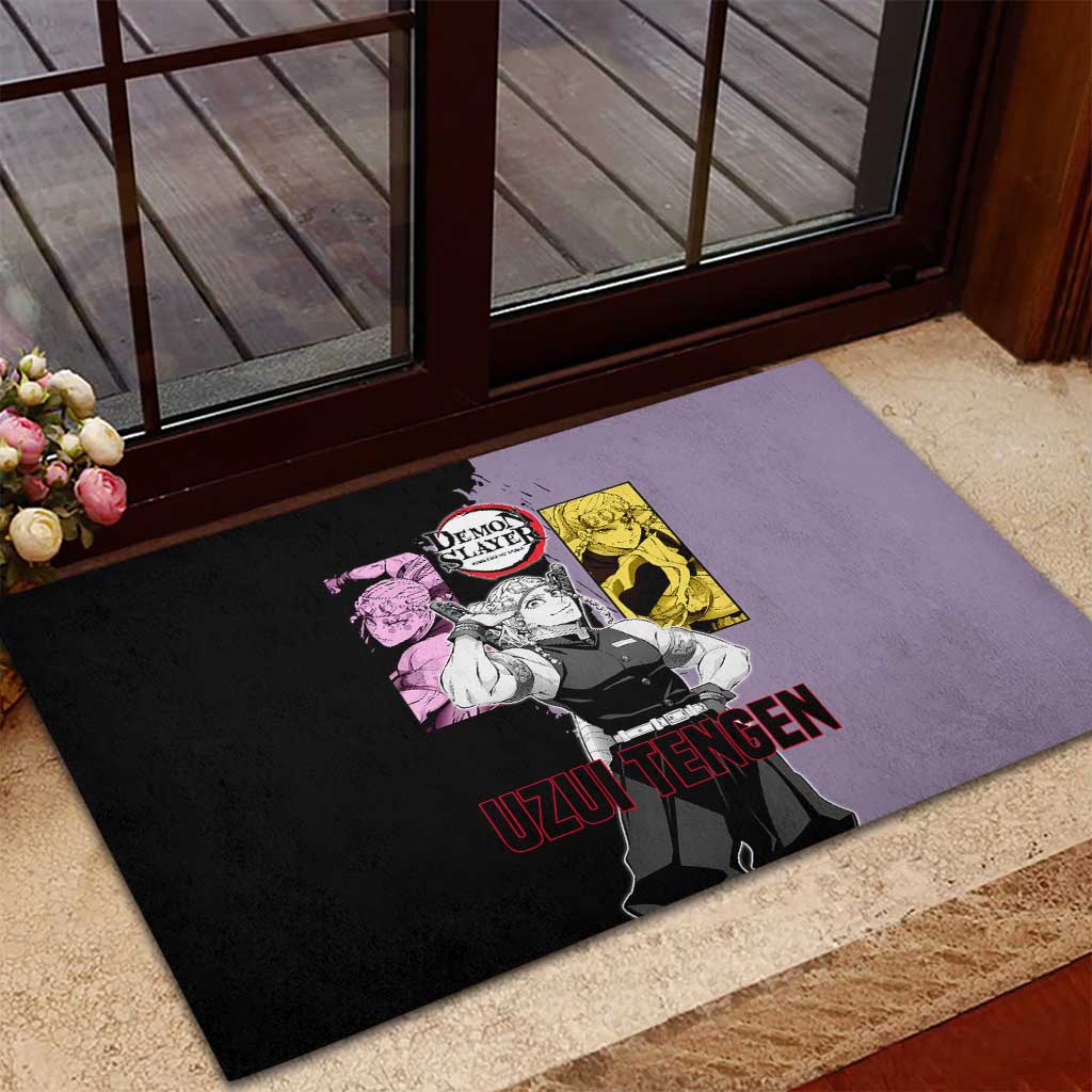 Tengen Uzui from Demon Slayer Rubber Doormat with Purple and Black Split Design and Dual Sword Manga Panel Layout - The Mazicc