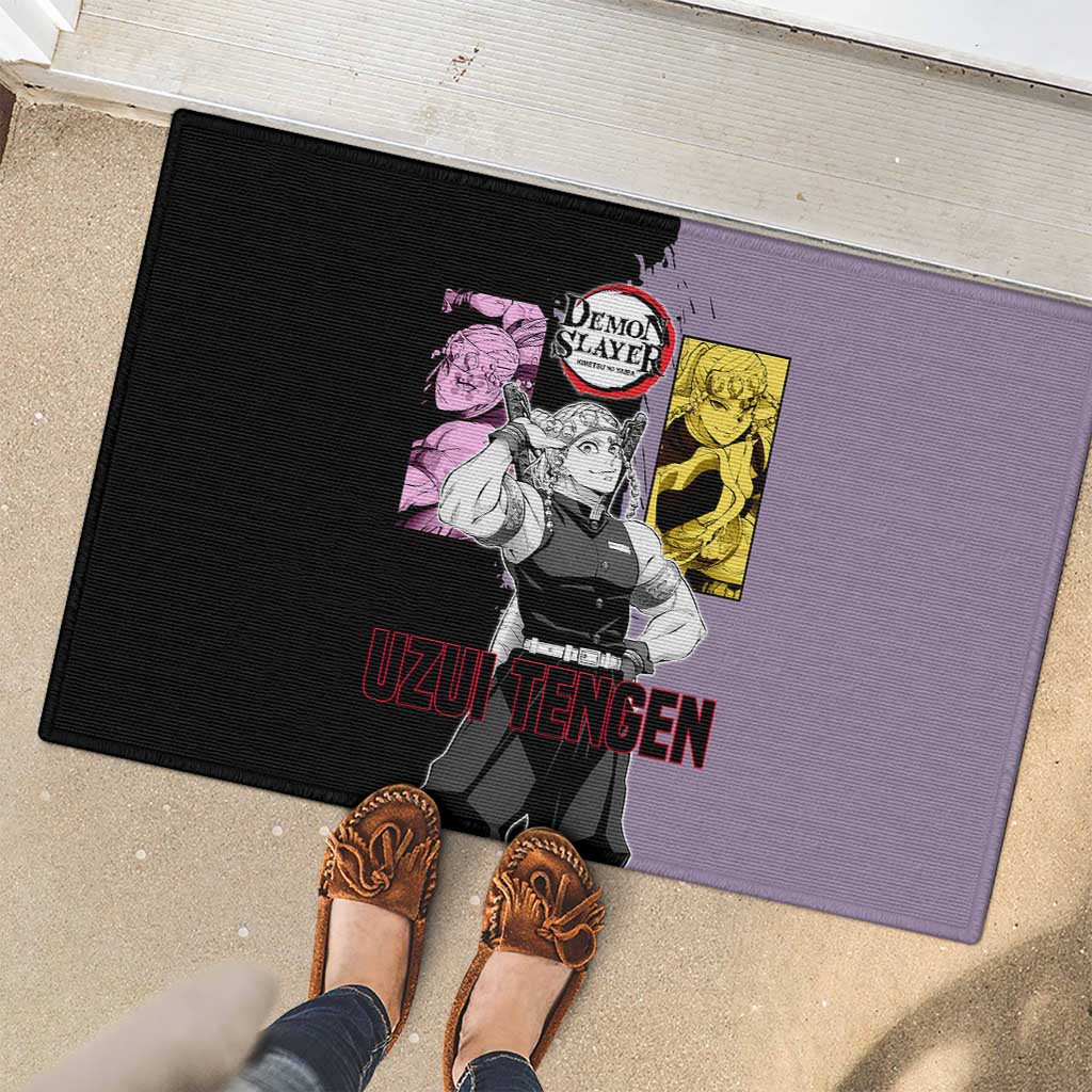 Tengen Uzui from Demon Slayer Rubber Doormat with Purple and Black Split Design and Dual Sword Manga Panel Layout - The Mazicc