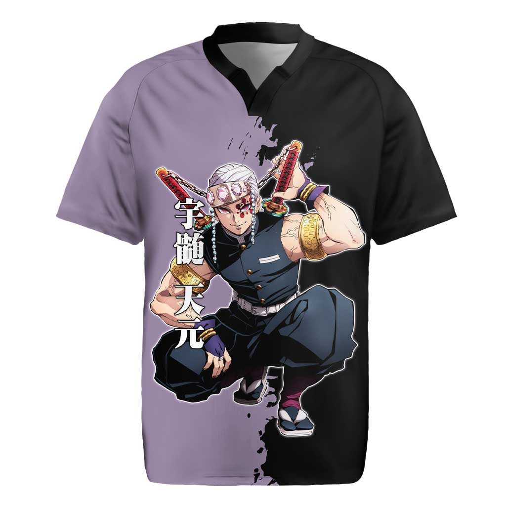 Tengen Uzui from Demon Slayer Rugby Jersey with Purple and Black Split Design and Dual Sword Manga Panel Layout - The Mazicc