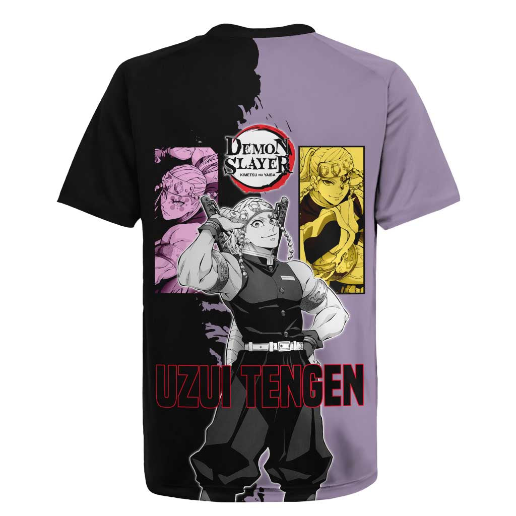 Tengen Uzui from Demon Slayer Rugby Jersey with Purple and Black Split Design and Dual Sword Manga Panel Layout - The Mazicc