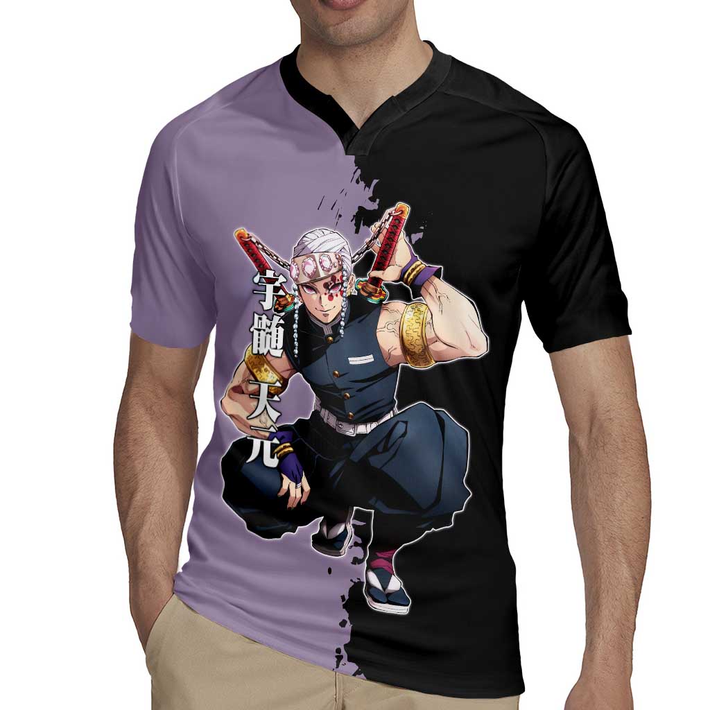 Tengen Uzui from Demon Slayer Rugby Jersey with Purple and Black Split Design and Dual Sword Manga Panel Layout - The Mazicc