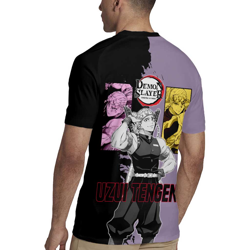 Tengen Uzui from Demon Slayer Rugby Jersey with Purple and Black Split Design and Dual Sword Manga Panel Layout - The Mazicc