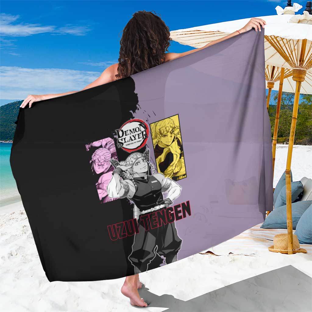 Tengen Uzui from Demon Slayer Sarong with Purple and Black Split Design and Dual Sword Manga Panel Layout - The Mazicc
