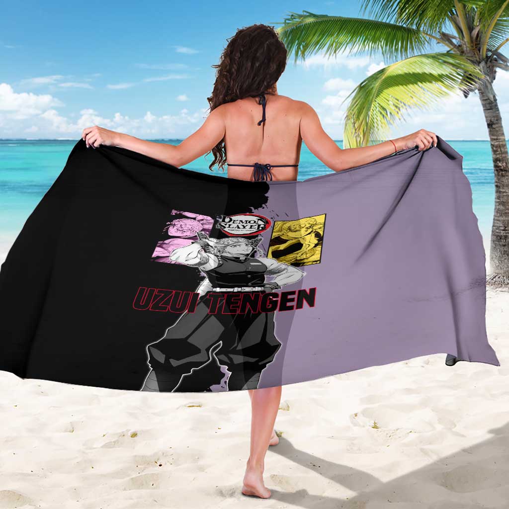 Tengen Uzui from Demon Slayer Sarong with Purple and Black Split Design and Dual Sword Manga Panel Layout - The Mazicc