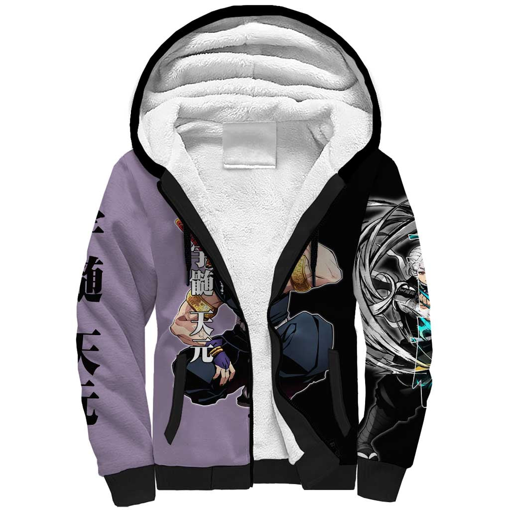 Tengen Uzui from Demon Slayer Sherpa Hoodie with Purple and Black Split Design and Dual Sword Manga Panel Layout - The Mazicc