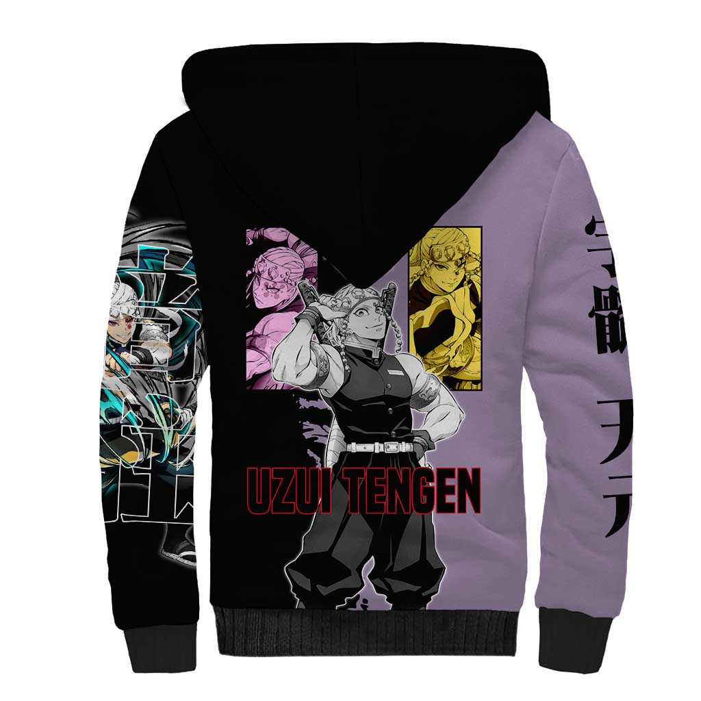 Tengen Uzui from Demon Slayer Sherpa Hoodie with Purple and Black Split Design and Dual Sword Manga Panel Layout - The Mazicc