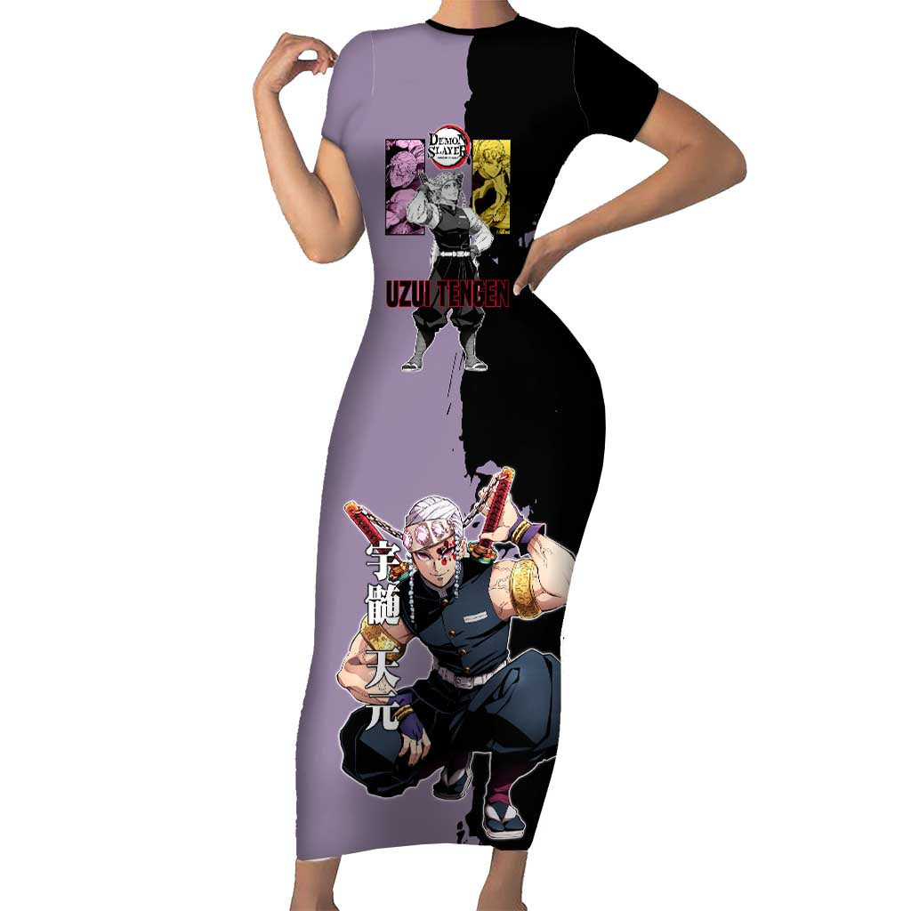 Tengen Uzui from Demon Slayer Short Sleeve Bodycon Dress with Purple and Black Split Design and Dual Sword Manga Panel Layout - The Mazicc