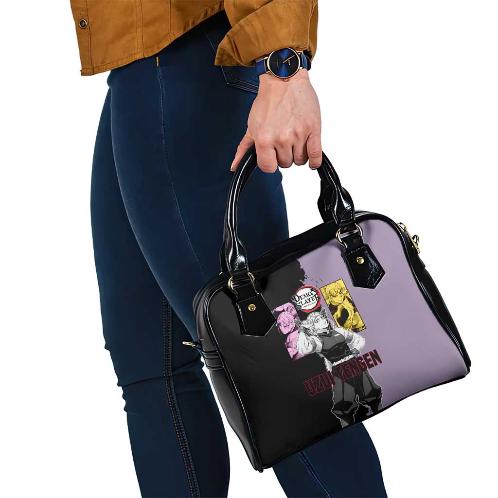 Tengen Uzui from Demon Slayer Shoulder Handbag with Purple and Black Split Design and Dual Sword Manga Panel Layout - The Mazicc