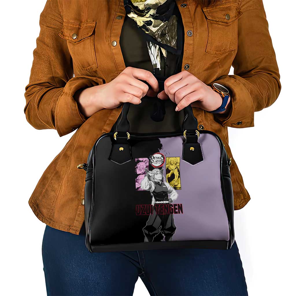 Tengen Uzui from Demon Slayer Shoulder Handbag with Purple and Black Split Design and Dual Sword Manga Panel Layout - The Mazicc