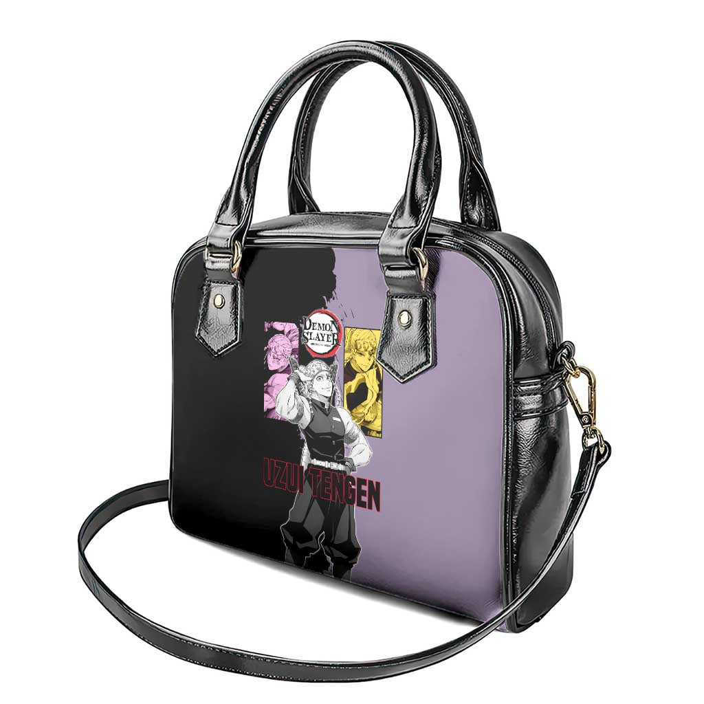 Tengen Uzui from Demon Slayer Shoulder Handbag with Purple and Black Split Design and Dual Sword Manga Panel Layout - The Mazicc